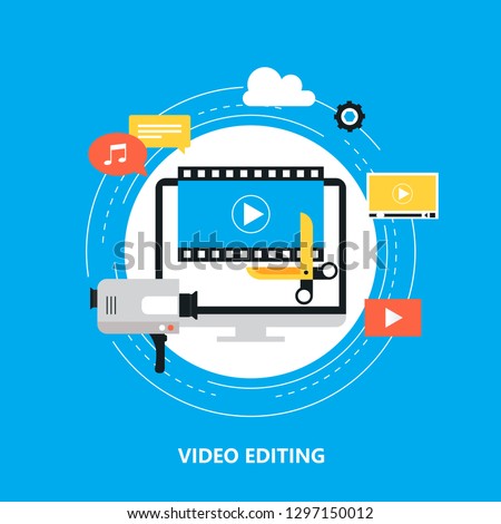 Video editing, video production, montage flat vector illustration design. Video editing tutorial design for web banners and apps