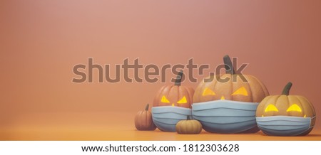 Halloween concept with corona virus prevention. 3D images of a jack-o-lantern with a mask on it. 3D rendering. Foto stock © 