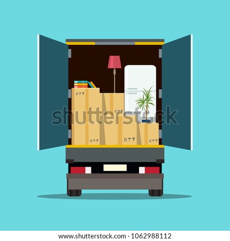 Things in box in the trunk of the truck. Moving House. Vector flat style illustration