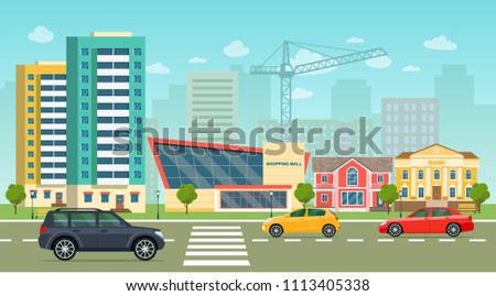  City life set with cars, road, buildings. City street panoramic. Vector flat style illustration.