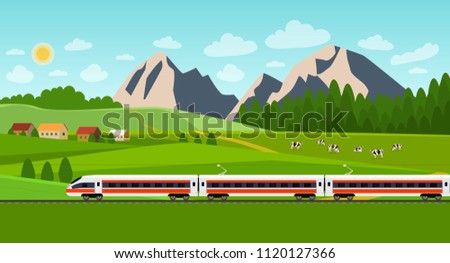 Train on railway. Summer landscape with village and herd of cows on the field. Vector flat style illustration.