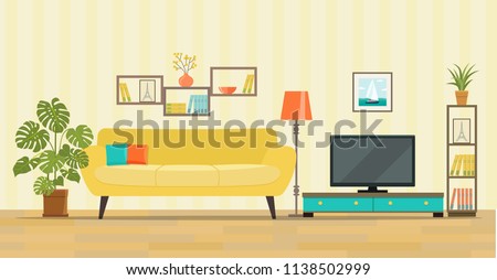 Living room interior. Furniture: sofa, bookcase, tv, lamps. Flat style vector illustration