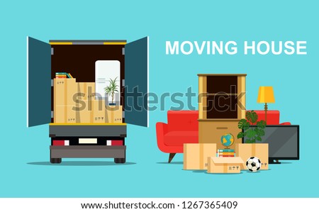 Things in box in the trunk of the truck. Moving House. Vector flat style illustration