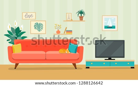  Furniture: sofa, bookcase, tv, picture. Living room interior.Flat style vector illustration
