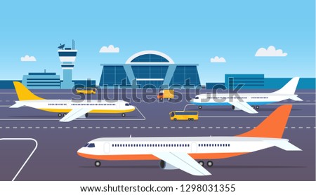 Airport building exterior with buses and airplanes. Vector flat style illustration.