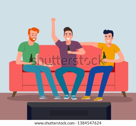 Football fan watching soccer on the TV. Vector flat style illustration