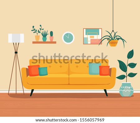 Furniture: sofa, bookcase, picture. Living room interior.Flat style vector illustration