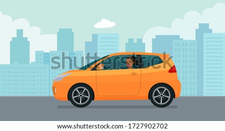 Compact hatchback car with a young afro american woman driving on a background of abstract cityscape. Vector flat style illustration.