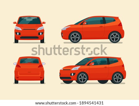 Compact city car four angle set. Car side, back and front view. Vector flat illustration.