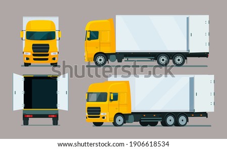 Cargo truck four angle set. Truck with open cargo door . Side, back and front view. Vector flat style illustration.