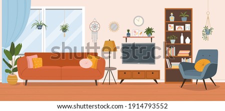 Living room interior. Comfortable sofa, TV,  window, chair and house plants. Vector flat cartoon illustration