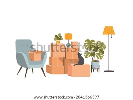 Moving boxes and furniture. Vector flat style illustration