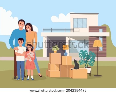 New house for family.  Happy  family isolated. Things in the boxes. Moving House. Vector flat style illustration