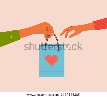 Male hand holding craft paper gift Bag with red heart. Man gives a valentine's day gift to a woman. Flat style cartoon vector illustration. 