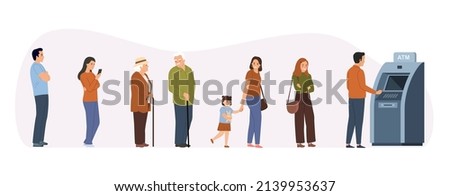 People queue.  People standing in line to atm machine.  Vector flat style cartoon illustration