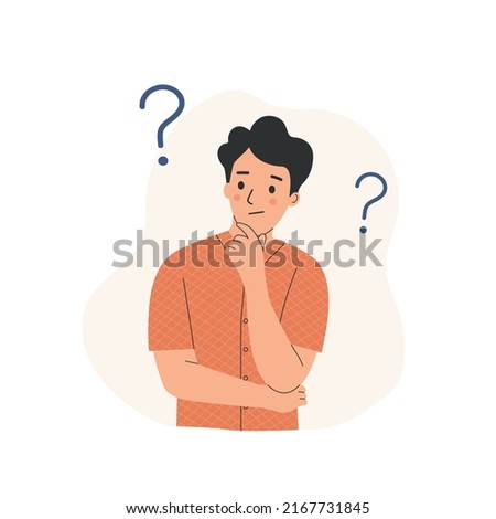 Young man with question mark in think bubble. Flat style cartoon vector illustration. 