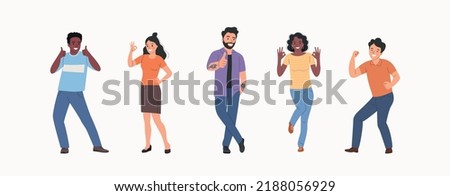 Different young women and men show Yeah positive gesture, approval gesturing. People stand full body. Flat style cartoon vector illustration. 