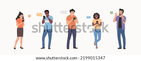 Different young women and men look into the smartphone. People stand full body. Flat style cartoon vector illustration. 