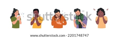 Different young ill women and men isolated. Flat style cartoon vector illustration. 