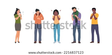 Different young ill women and men isolated. People stand full body. Flat style cartoon vector illustration. 