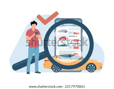 The concept of searching and choosing a suitable car in an application on a smartphone. The man found his car. Vector illustration.
