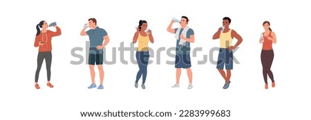 Healthy  young men and women in full height drink water from a glasses and bottle. Vector cartoon flat style illustration