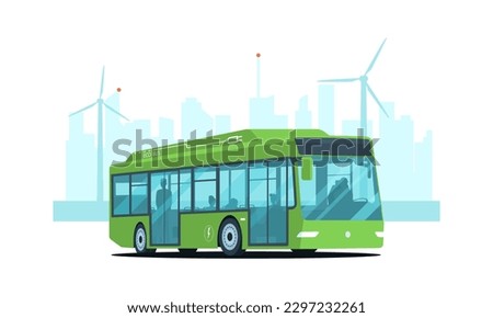 Electric city bus with passengers against the background of an abstract cityscape. Vector illustration.
