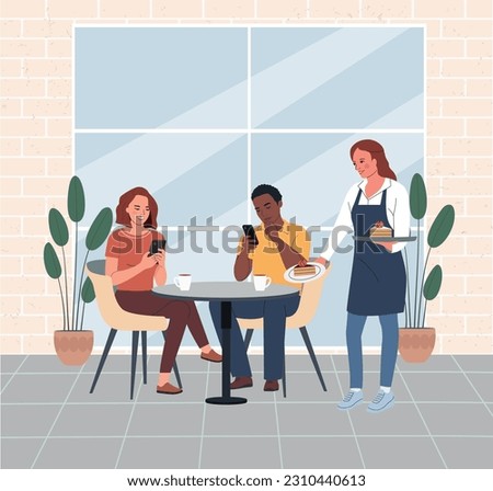 Young woman and man sitting with smartphones and drinking tea at cafe. Waitress carrying tray. Vector flat style illustration