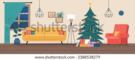 Living room Christmas interior. Comfortable sofa, Christmas tree,  window, chair and house plants. Vector flat illustration