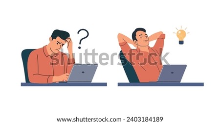 Young man before the laptop with question mark in think bubble and  finding new idea. Shiny light bulb. Flat style cartoon vector illustration. 