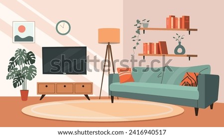 Living room interior. Comfortable sofa, TV and house plants. Vector flat cartoon illustration