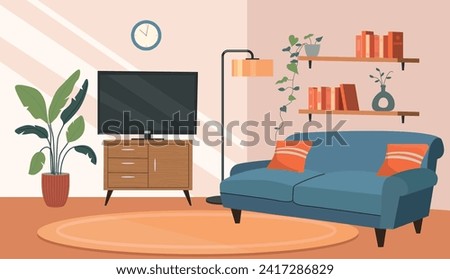 Living room interior. Comfortable sofa, TV and house plants. Vector flat cartoon illustration