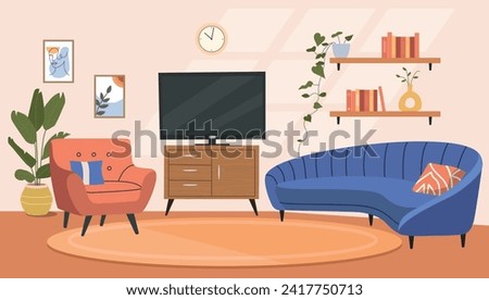 Living room interior. Comfortable sofa, chair, TV and house plants. Vector flat cartoon illustration