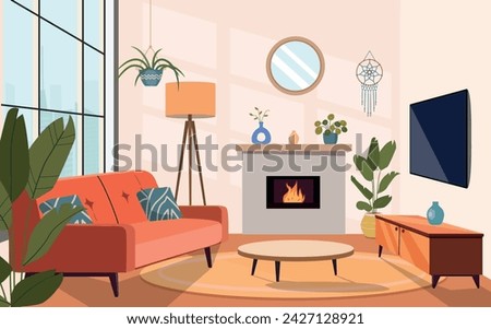 Living room interior. Comfortable sofa, window,  fireplace and house plants. Vector flat cartoon illustration