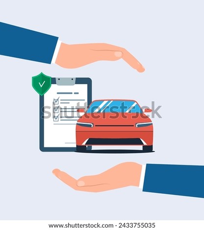 Hands protect the car. Car insurance concept. Vector illustration.