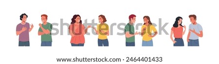 Young men and women talking, gossiping, whispering secrets, telling news. Flat style cartoon vector illustration.