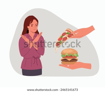 Young woman showing a negative gesture and stop to the fast food. Pizza on hand. Vector cartoon flat style illustration