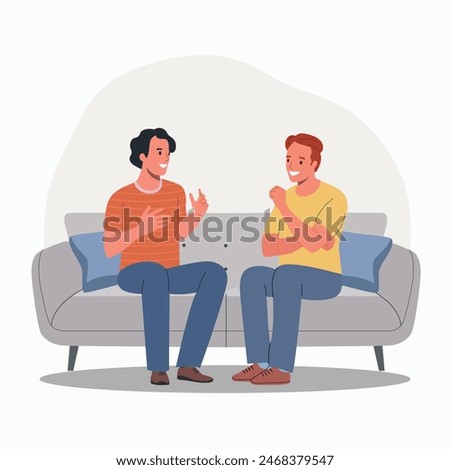 Young men talking, gossiping, whispering secrets, telling news on the sofa. Flat style cartoon vector illustration. 