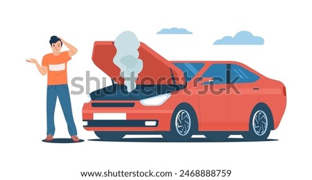 Man standing next to a broken down car with the hood open. Vector illustration.