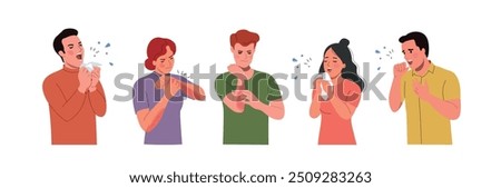 Young suffering women and men scratch the skin sneeze, cough isolated. Allergy concept. Vector flat style cartoon illustration