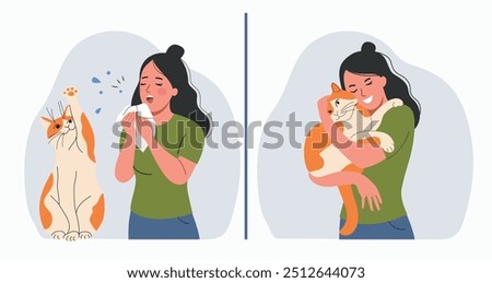 Young ill woman sneezes and holds and hugs the cat. Allergy concept. Before or after. Vector flat style cartoon illustration