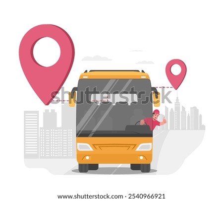 Bus with a driver travels along an intercity route. Vector illustration.