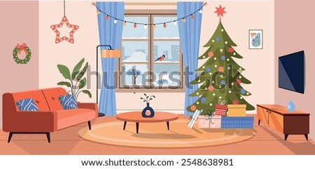 Living room Christmas interior. Comfortable sofa, Christmas tree,  window and TV. Vector flat illustration