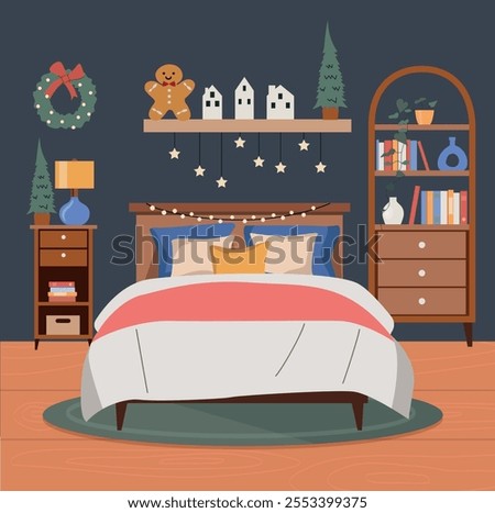 Christmas interior space bedroom. Vector flat illustration