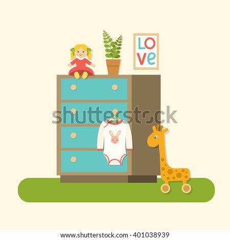 Flat baby drawers, doll, plant, picture and baby clothes.Nursery interior. Vector illustration.