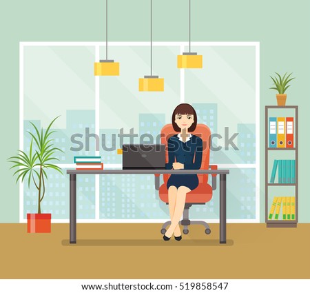 Office workplace with table, bookcase, window. Business woman or a clerk working at her office desk. Vector flat illustration