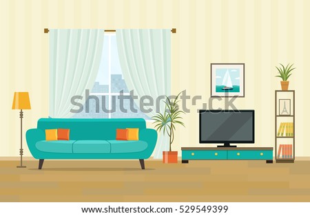 Living room interior design with furniture: sofa, bookcase, tv, lamps. Flat style vector illustration