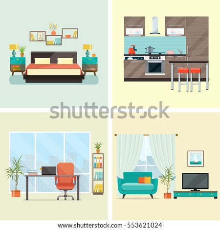 Set of  interior design house rooms with furniture icons: living room, bedroom, kitchen, home office. Flat style vector illustration.