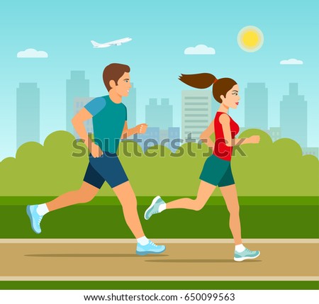 Young man and woman jogging in the park. Vector flat illustration