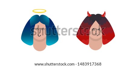 Two funny girls portraits - with blue gradient hair and halo; with horns and red ombre hair. Evil and holy, sly and kind, smiling and winking.  Opposite characters. Simple shapes